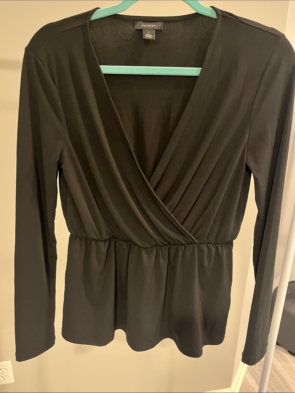 Halogen Black Long-Sleeve Wrap Peplum Blouse